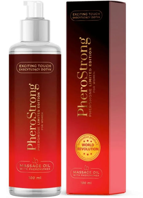 Rote verlaufflasche pherostrong massageöl mit silberpumpe und passender roter box 100 ml limitierte auflage für frauen