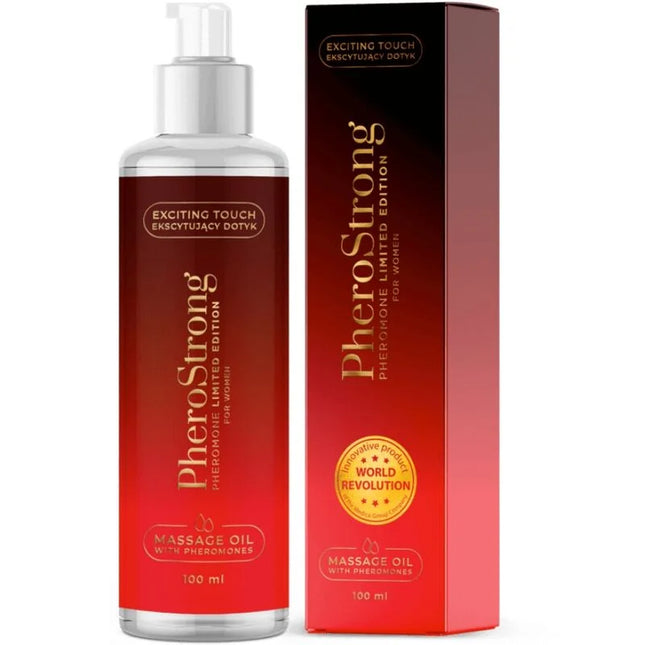 Rote verlaufflasche pherostrong massageöl mit silberpumpe und passender roter box 100 ml limitierte auflage für frauen