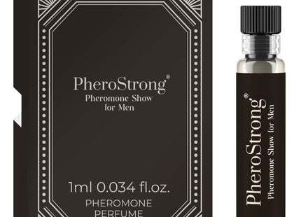 Schwarze und silberne pherostrong pheromon parfum probeflasche mit geripptem schwarzem deckel neben dekorativer box