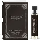 Schwarze und silberne pherostrong pheromon parfum probeflasche mit geripptem schwarzem deckel neben dekorativer box