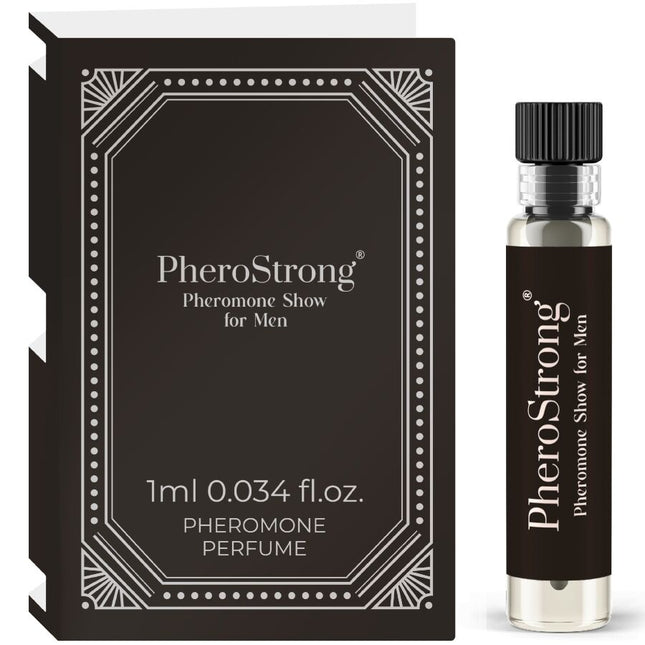 Schwarze und silberne pherostrong pheromon parfum probeflasche mit geripptem schwarzem deckel neben dekorativer box