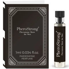 Schwarze und silberne pherostrong pheromon parfum probeflasche mit geripptem schwarzem deckel neben dekorativer box