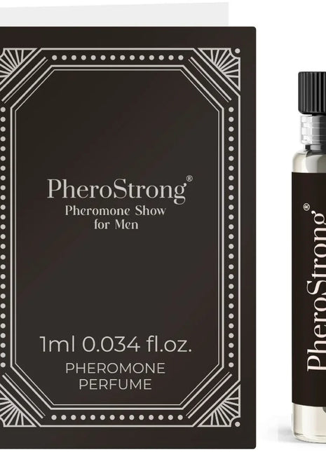 Schwarze und silberne pherostrong pheromon parfum probeflasche mit geripptem schwarzem deckel neben dekorativer box