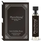 Schwarze und silberne pherostrong pheromon parfum probeflasche mit geripptem schwarzem deckel neben dekorativer box