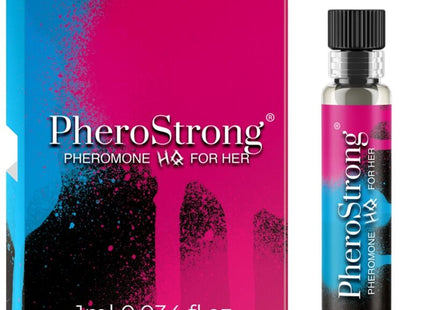 Pherostrong pheromon parfum in einer eleganten glasflasche mit schwarzem deckel und pink-blauem etikettt