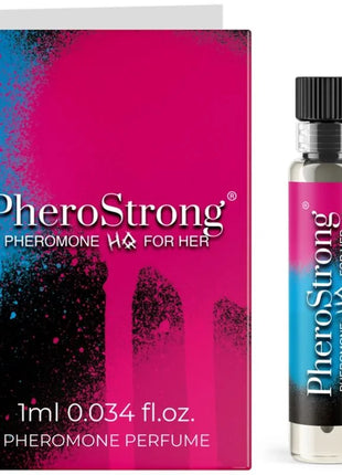 Pherostrong pheromon parfum in einer eleganten glasflasche mit schwarzem deckel und pink-blauem etikettt
