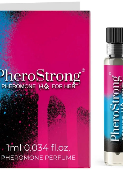 Pherostrong pheromon parfum in einer eleganten glasflasche mit schwarzem deckel und pink-blauem etikettt