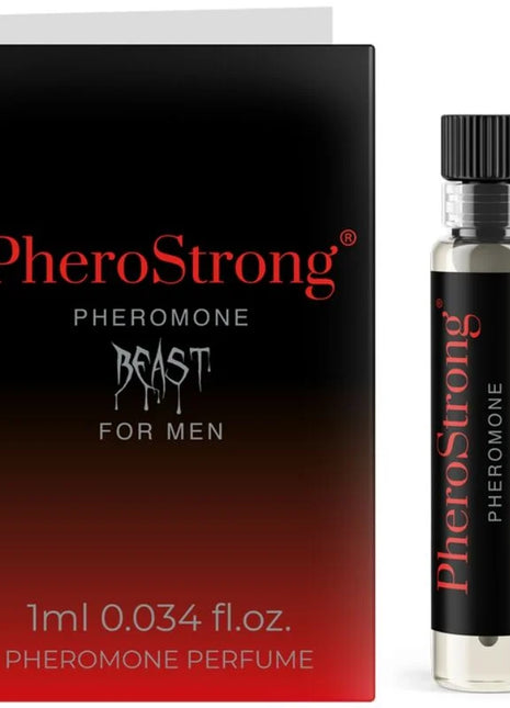 Pherostrong pheromone parfum beast für männer 1 ml mit schwarzem und rotem gradientkarton und klarem glasflakon