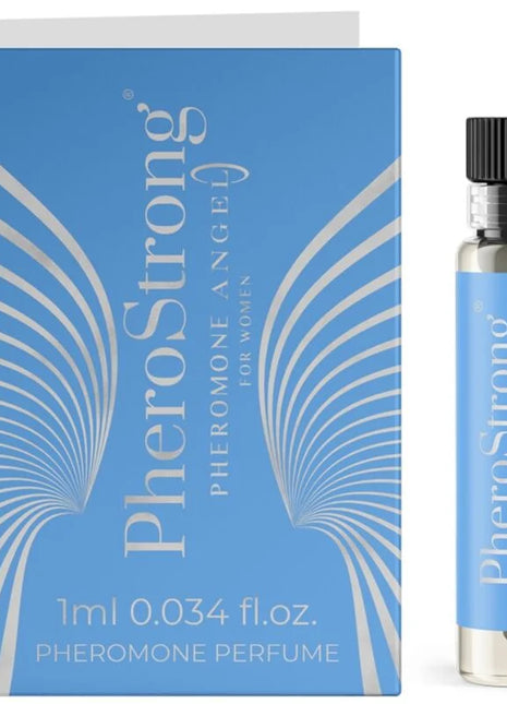 Blauer pherostrong pheromone parfumflakon mit silberner flügelverzierung und schwarzem deckel 1 ml für frauen