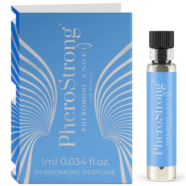 Blauer pherostrong pheromone parfumflakon mit silberner flügelverzierung und schwarzem deckel 1 ml für frauen