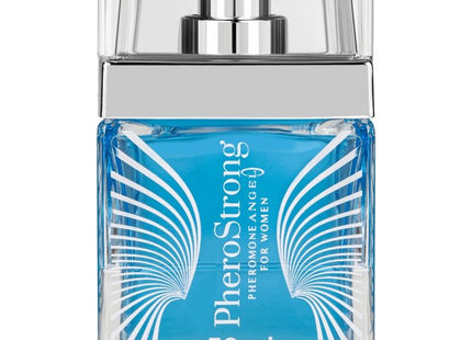 Eine elegante transparente glasflasche mit silbernem pumpverschluss und lebhaftem blauem pherostrong pheromonparfüm angel für frauen 50 ml