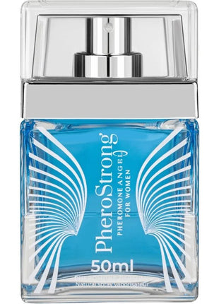 Eine elegante transparente glasflasche mit silbernem pumpverschluss und lebhaftem blauem pherostrong pheromonparfüm angel für frauen 50 ml