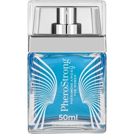 Eine elegante transparente glasflasche mit silbernem pumpverschluss und lebhaftem blauem pherostrong pheromonparfüm angel für frauen 50 ml
