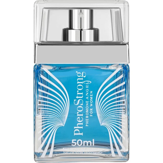 Eine elegante transparente glasflasche mit silbernem pumpverschluss und lebhaftem blauem pherostrong pheromonparfüm angel für frauen 50 ml