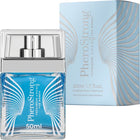 Ein schlanker transparenter glasflakon pherostrong pheromonparfüm engel für frauen 50 ml mit silbernem sprühkopf und blauem duftstoff