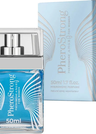 Ein schlanker transparenter glasflakon pherostrong pheromonparfüm engel für frauen 50 ml mit silbernem sprühkopf und blauem duftstoff