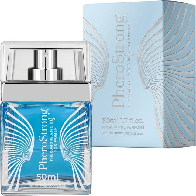 Ein schlanker transparenter glasflakon pherostrong pheromonparfüm engel für frauen 50 ml mit silbernem sprühkopf und blauem duftstoff