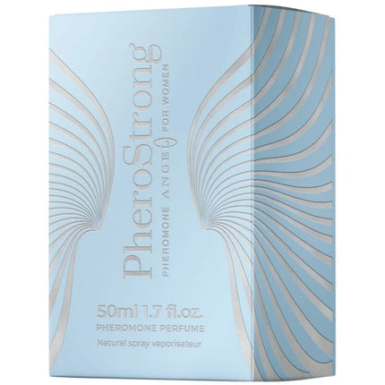 Lichtblauer rechteckiger pherostrong pheromon parfum karton mit silbernen wellenmustern für frauen 50 ml