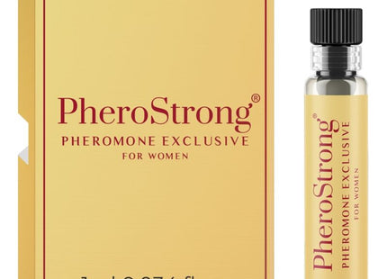 Ein schlankes transparentes glasfläschchen pherostrong pheromone exklusiv für frauen mit schwarzem rippdeckel und goldener etikett neben passender goldfarbener box