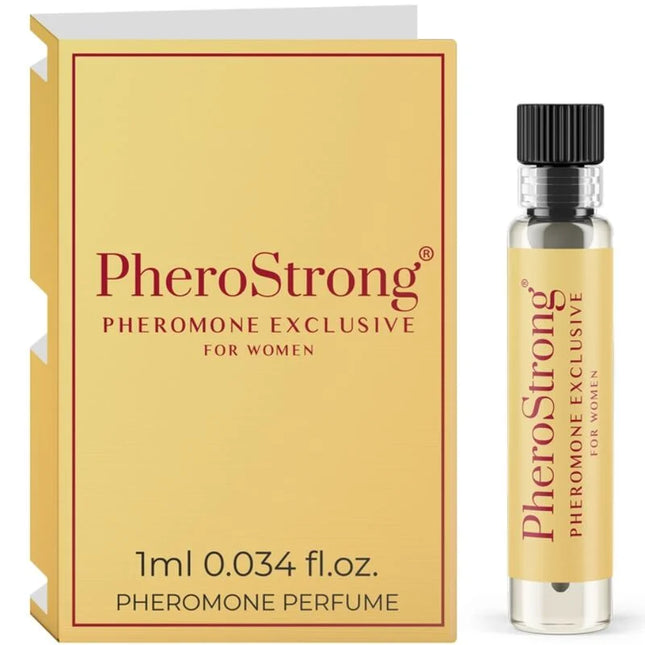 Ein schlankes transparentes glasfläschchen pherostrong pheromone exklusiv für frauen mit schwarzem rippdeckel und goldener etikett neben passender goldfarbener box