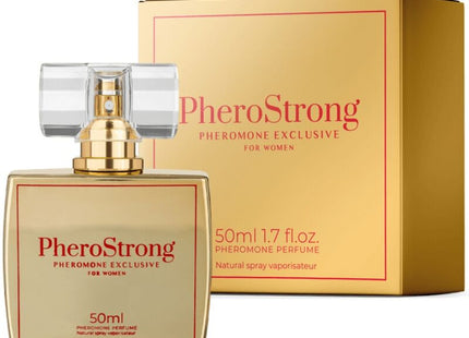 Goldenes quadratisches parfumflakon aus glas mit clear spray und goldkappe pherostrong pheromon exklusiv für frauen