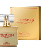 Goldenes quadratisches parfumflakon aus glas mit clear spray und goldkappe pherostrong pheromon exklusiv für frauen