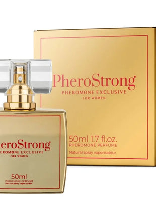 Goldenes quadratisches parfumflakon aus glas mit clear spray und goldkappe pherostrong pheromon exklusiv für frauen