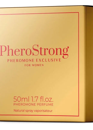 Goldfarbene rechteckige box mit rotem text und dünnem rand für pherostrong pheromon parfum exklusiv für frauen 50 ml
