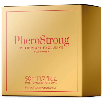 Goldfarbene rechteckige box mit rotem text und dünnem rand für pherostrong pheromon parfum exklusiv für frauen 50 ml