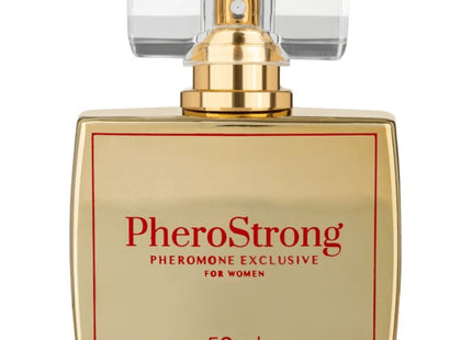 Goldfarbener rechteckiger pherostrong phermon parfum flakon mit klarem, facettiertem kristallverschluss und goldsprühkopf