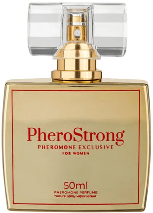 Goldfarbener rechteckiger pherostrong phermon parfum flakon mit klarem, facettiertem kristallverschluss und goldsprühkopf