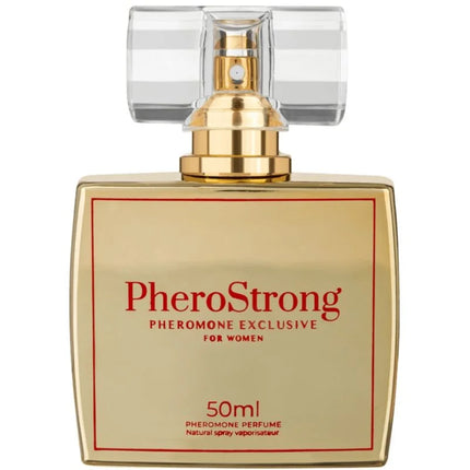 Goldfarbener rechteckiger pherostrong phermon parfum flakon mit klarem, facettiertem kristallverschluss und goldsprühkopf