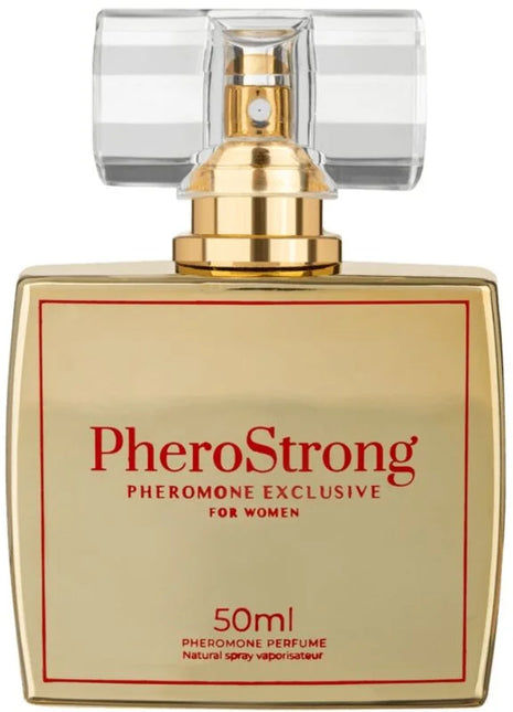 Goldfarbener rechteckiger pherostrong phermon parfum flakon mit klarem, facettiertem kristallverschluss und goldsprühkopf