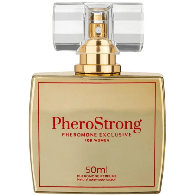 Goldfarbener rechteckiger pherostrong phermon parfum flakon mit klarem, facettiertem kristallverschluss und goldsprühkopf