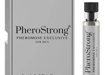 Pherostrong pheromon parfum exklusiv für männer 1 ml in silberner flasche mit schwarzem verschluss und grauer verpackung