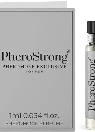 Pherostrong pheromon parfum exklusiv für männer 1 ml in silberner flasche mit schwarzem verschluss und grauer verpackung