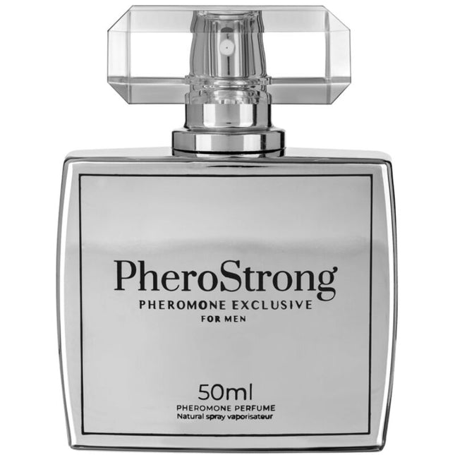 Silberne rechteckige pherostrong pheromone exklusiv für männer 50 ml flasche mit kristallkappen und chromsprühkopf