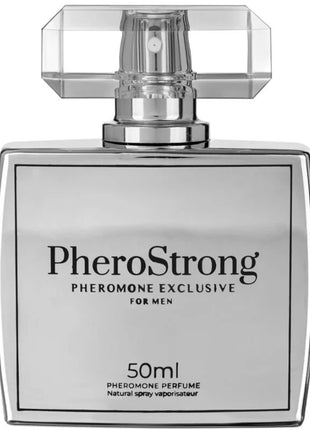 Silberne rechteckige pherostrong pheromone exklusiv für männer 50 ml flasche mit kristallkappen und chromsprühkopf