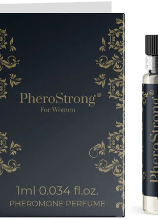 Schwarze und goldene verzierte box mit passender flasche pherostrong pheromon parfum für frauen 1 ml