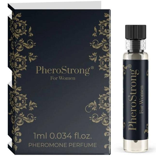 Schwarze und goldene verzierte box mit passender flasche pherostrong pheromon parfum für frauen 1 ml