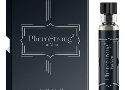 Schwarze rechteckige box mit silberner folienprägung und passendem glasflakon pherostrong pheromonparfüm für männer 1 ml