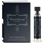 Schwarze rechteckige box mit silberner folienprägung und passendem glasflakon pherostrong pheromonparfüm für männer 1 ml