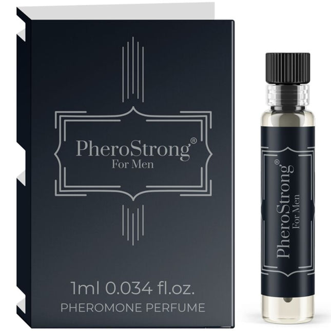 Schwarze rechteckige box mit silberner folienprägung und passendem glasflakon pherostrong pheromonparfüm für männer 1 ml