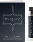 Schwarze rechteckige box mit silberner folienprägung und passendem glasflakon pherostrong pheromonparfüm für männer 1 ml