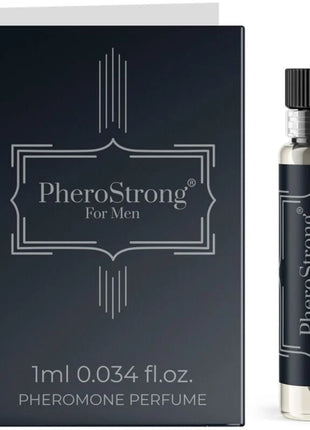 Schwarze rechteckige box mit silberner folienprägung und passendem glasflakon pherostrong pheromonparfüm für männer 1 ml