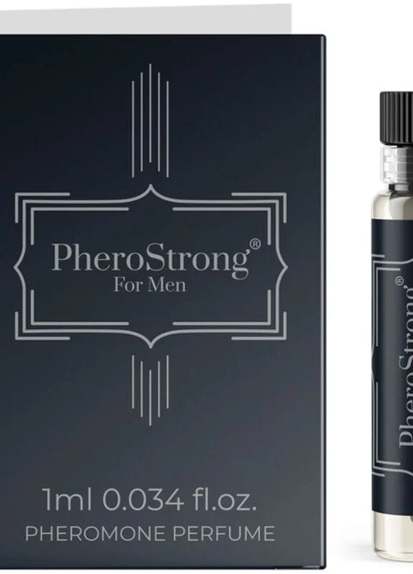 Schwarze rechteckige box mit silberner folienprägung und passendem glasflakon pherostrong pheromonparfüm für männer 1 ml