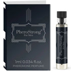 Schwarze rechteckige box mit silberner folienprägung und passendem glasflakon pherostrong pheromonparfüm für männer 1 ml