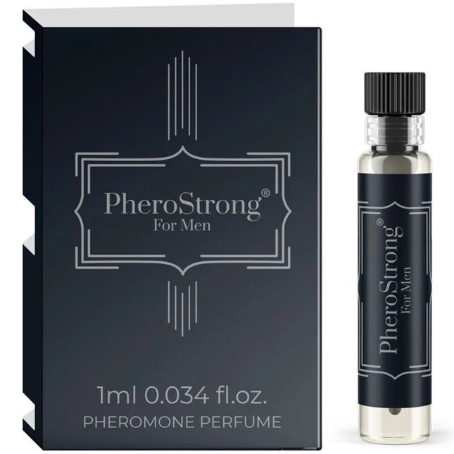 Schwarze rechteckige box mit silberner folienprägung und passendem glasflakon pherostrong pheromonparfüm für männer 1 ml
