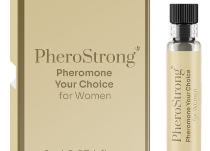 A sleek transparent glass vial with black ribbed cap and beige label containing pherostrong pheromone perfume for women 1 ml