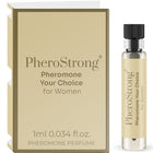 A sleek transparent glass vial with black ribbed cap and beige label containing pherostrong pheromone perfume for women 1 ml